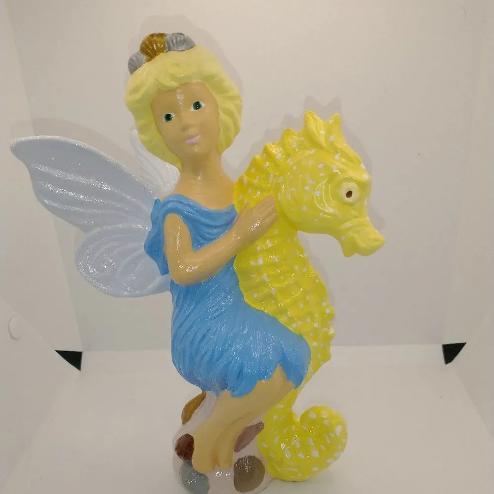 Hand Crafted Garden Fairy Riding Seahorse Vinyage Ceramic Painted 9 inch